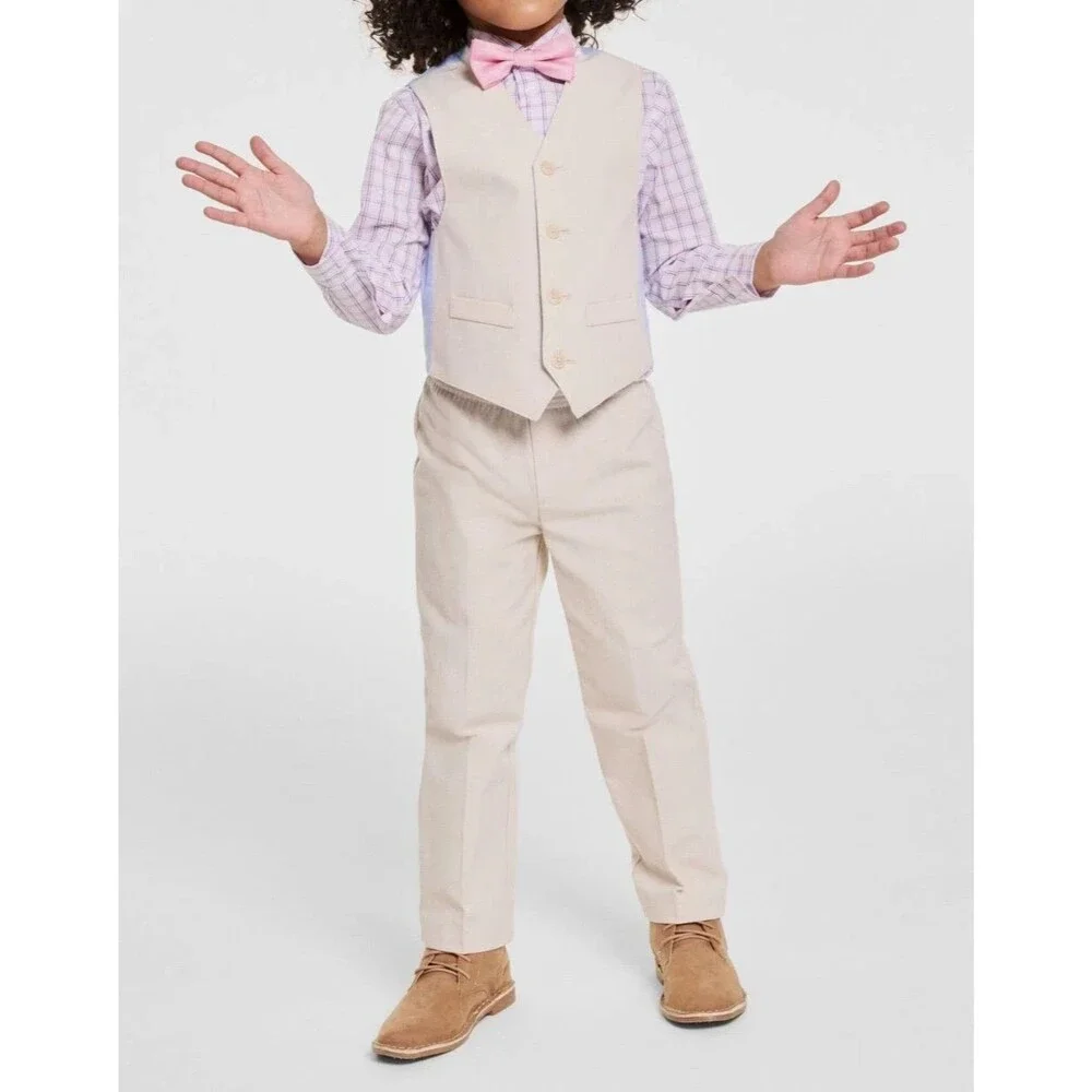 Nautica Boys Kids Beige 4pc Khaki Suit Outfit Sz 4 NWT Shirt Pants Vest Bow tie